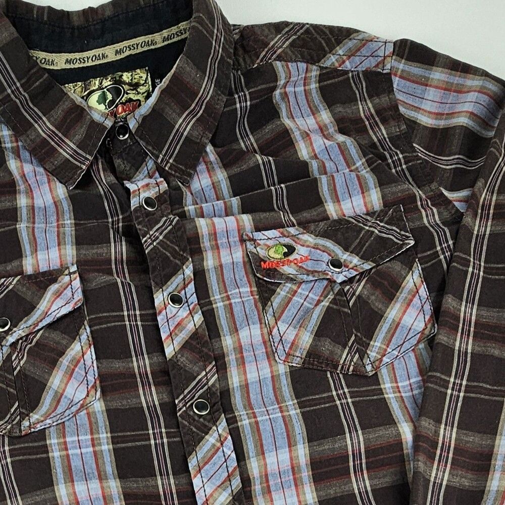 Mossy Oak Mens XXL Plaid Western Shirt Pearl Snap Long Sleeve Brown Blue Cotton